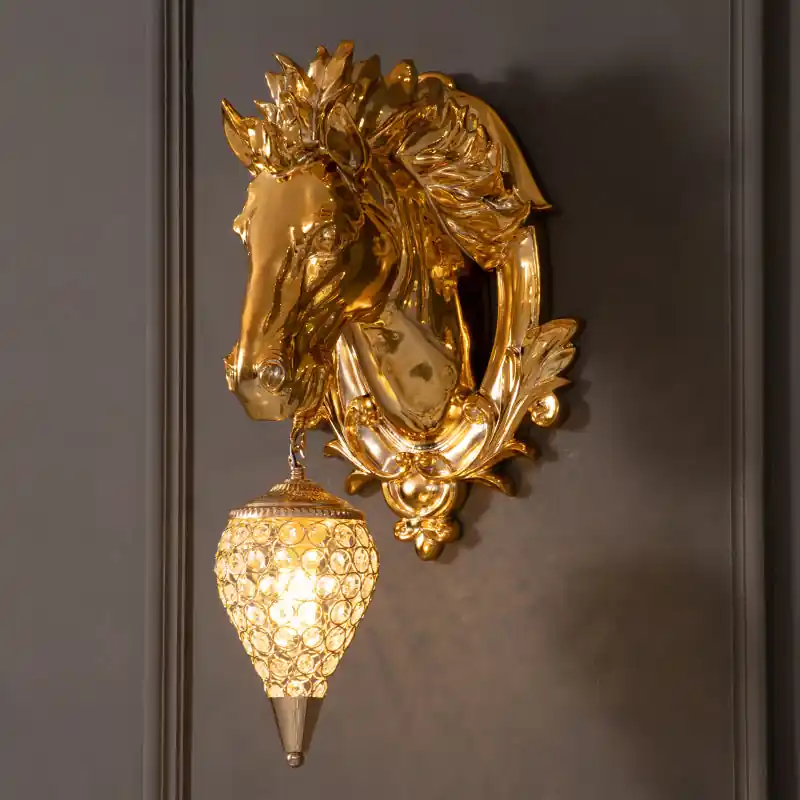 Seizoensaanbieding Brass Horse Sconce - Vintage Wandlamp met Kristallen Schaduw