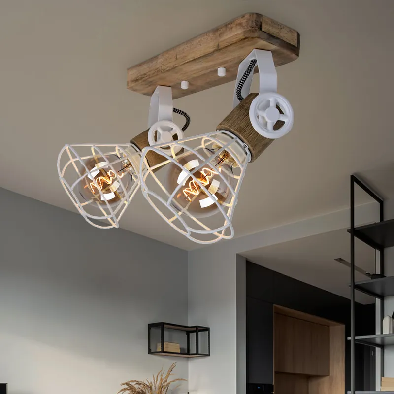 Plafondlamp, hout, wit raster, beweegbare spot, L 27 cm Actieprijs