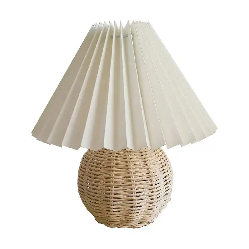 Ronde Bamboe Rattan Tafellamp - Modernistische Witte Nachtlamp met Pagodevormige Stoffen Lampenkap Lage Kosten