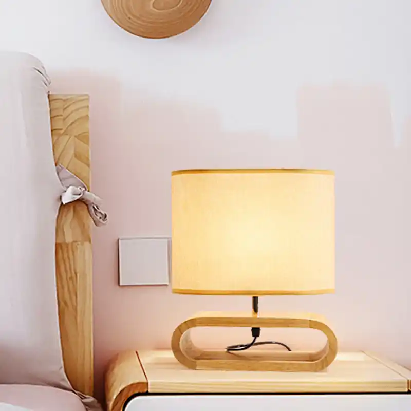 Gecertificeerd Nordic Wood Bedside Lamp - Langwerpig Nachttafellamp Hout met Stofschaduw