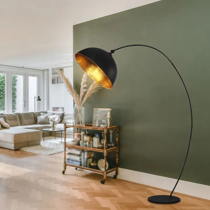 Boogvormige vloerlamp met bladgoud, mat zwart, H 182 cm Hete Deal