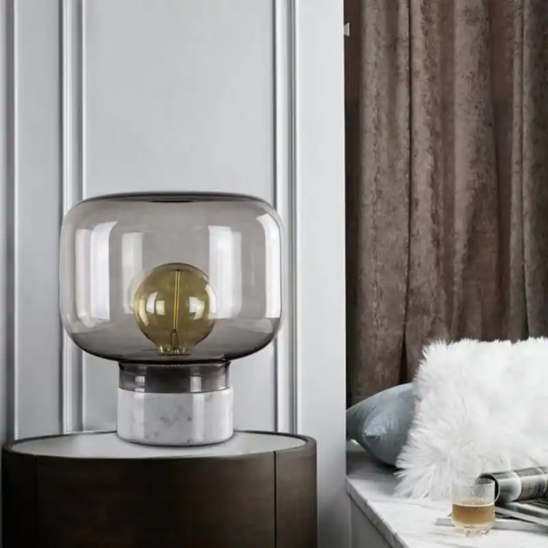 Superprijs Gerookt Glazen Trommel Tafellamp - Scandinavische Stijl Nachtkastlamp met Marmeren Basis