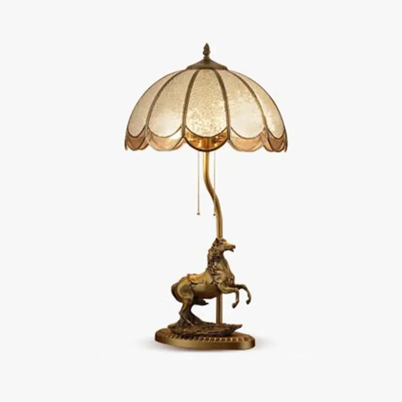Vintage Messing Tafellicht - 2-licht met Getint Glas en Paardendecor Op = Op