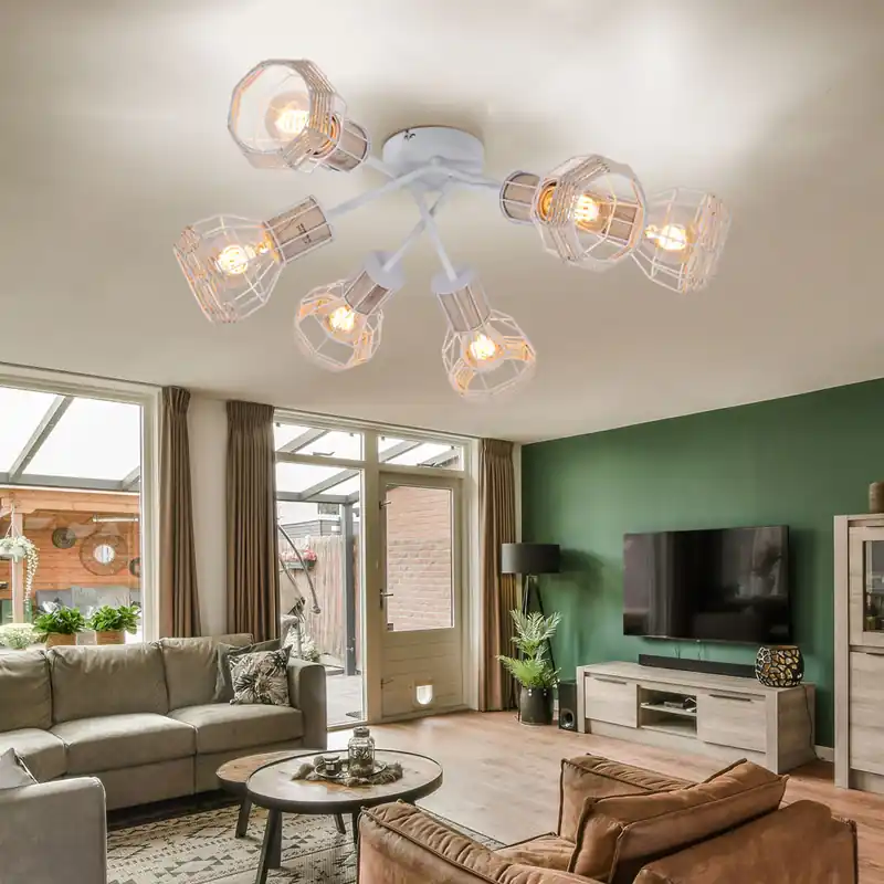 Plafondlamp, metaal, wit, hout, raffiakap, natuurlijk Flitsaanbieding