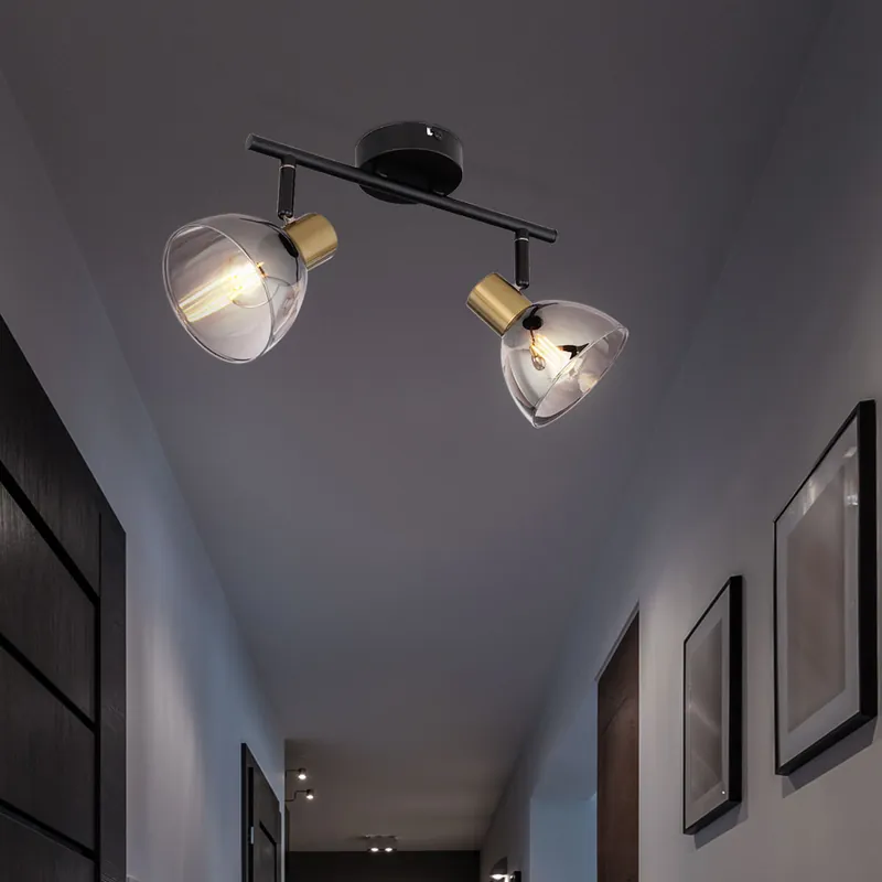 Plafondlamp, metaal, zwart, mat messing, glas, spot Premium