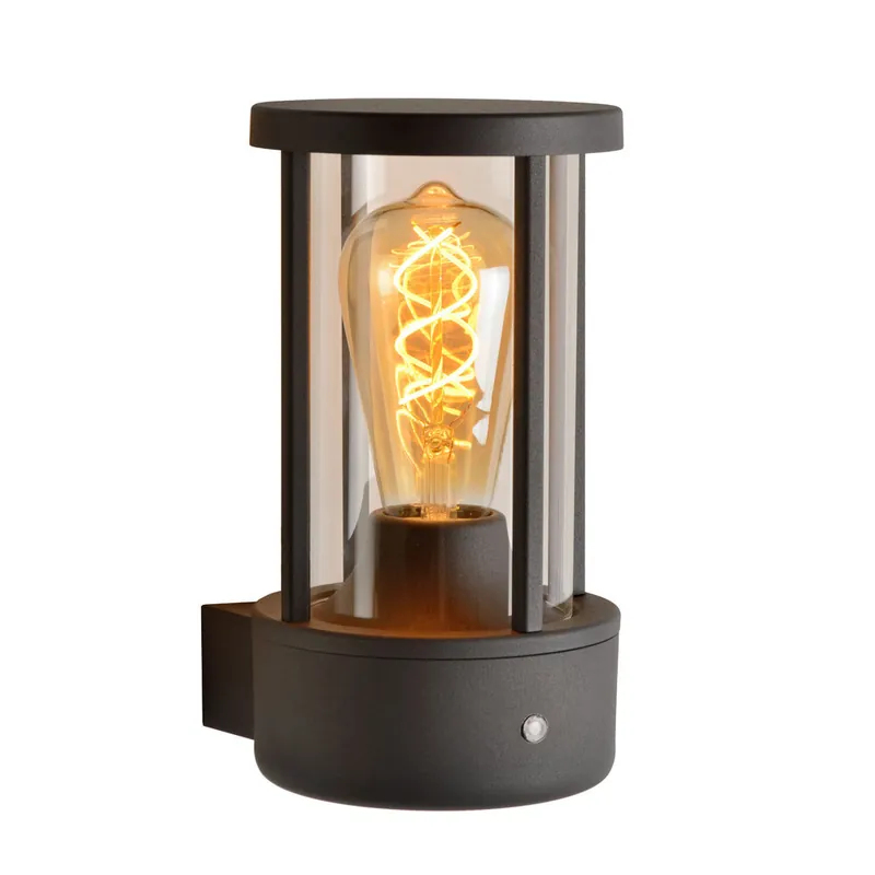 Lucide LORI - Wandlamp Binnen/Buiten - Ø 12 cm - 1xE27 - IP44 - Dag/nacht sensor - Antraciet Tijdelijk Beschikbaar