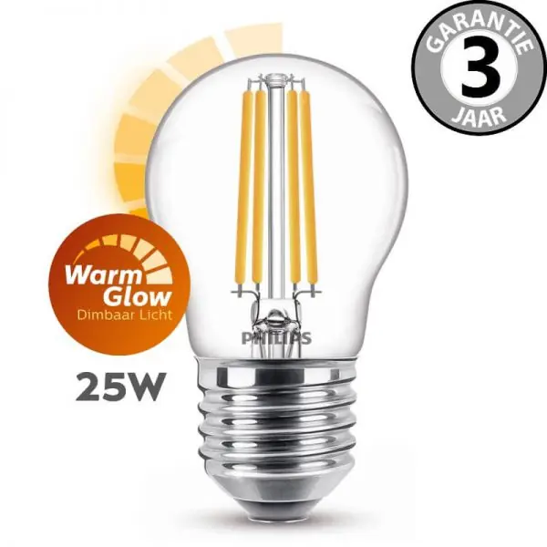 Op = Op Philips LEDclassic kogel WARMGLOW 25 watt (1,8W) E27 | Helder