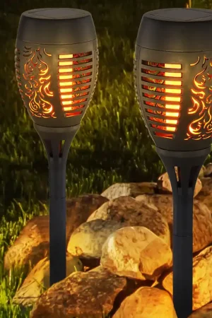 Actieprijs Set van 2 LED solar steeklampen, zwart, vuureffect, H 50 cm