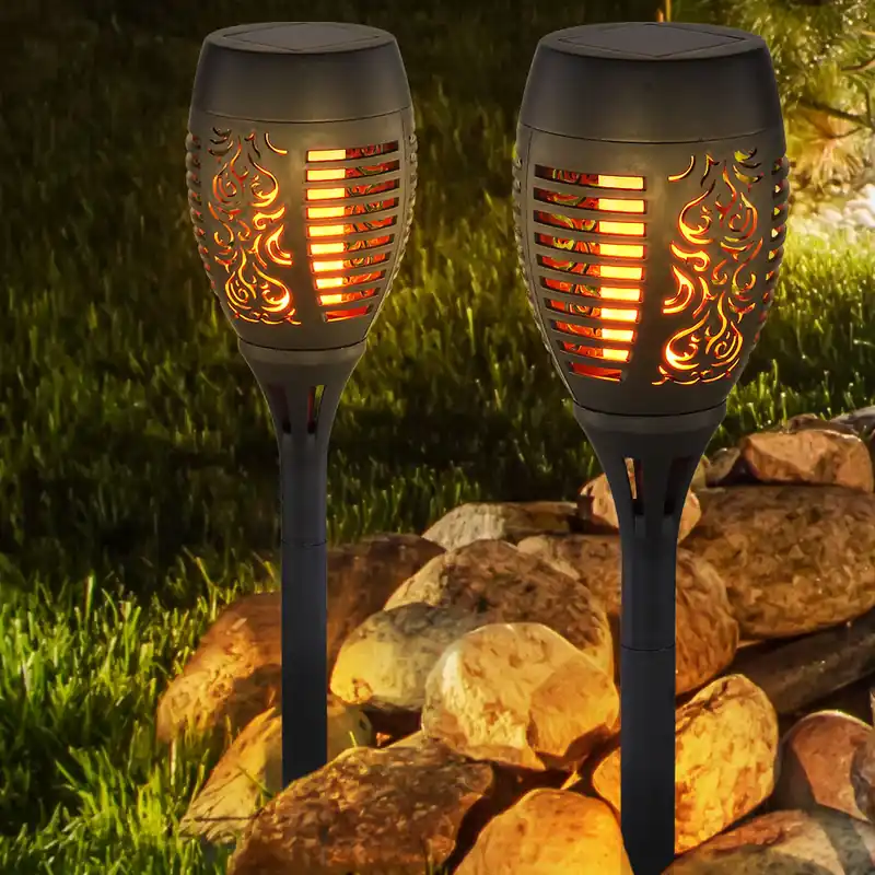 Actieprijs Set van 2 LED solar steeklampen, zwart, vuureffect, H 50 cm