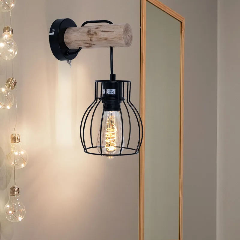 Fabrieksprijs Wandlamp, kooilook, hout, zwart, H 30 cm, MINA