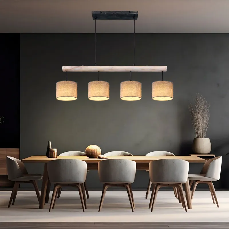 Betaalbaar Hanglamp, houten balk, in hoogte verstelbaar, textiel, L 102 cm