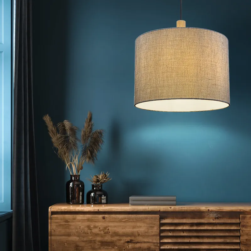 Hanglamp, grijs textiel, hout, zwart, D 40 cm Koop Vandaag