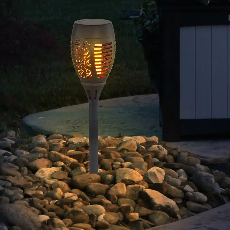 LED solar steeklamp, zwart, vuureffect, H 49,5 cm Korting