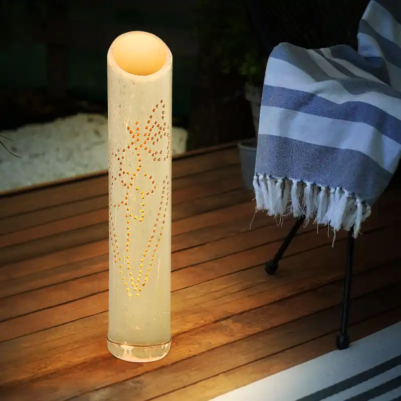 Direct Verzonden LED solar steeklamp, bamboe, decoratieve geponste gaten, H 49,5 cm