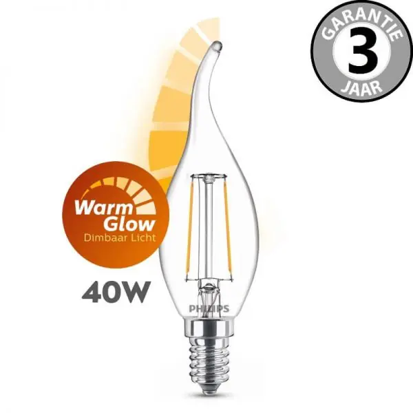 Flitsaanbieding Philips LEDclassic tipkaars WARMGLOW 40 watt (3,4W) E14 | Helder