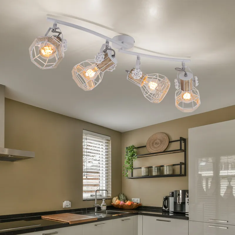Plafondlamp, wit, houteffect, beweegbare spots, L 72 cm Gratis Verzending
