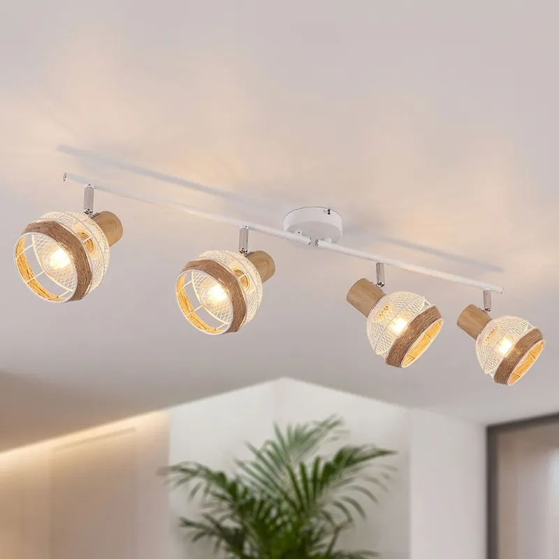 Plafondlamp, henneptouw, wit-bruin, houtlook, verstelbare spots, WIDY Beperkt Aanbod