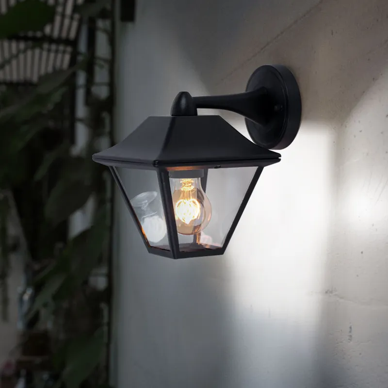 Shop Nu Buitenwandlamp, lantaarn, zwart aluminium, helder glas, H 22,5 cm
