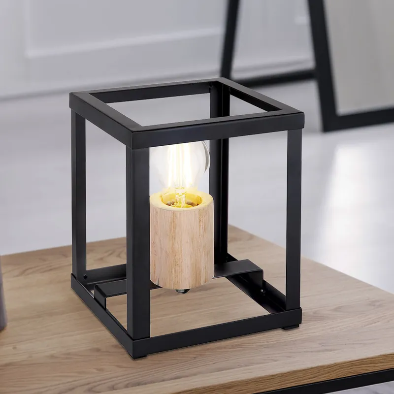 Superprijs Tafellamp, hout, zwart mat, naturel, hoogte 20 cm
