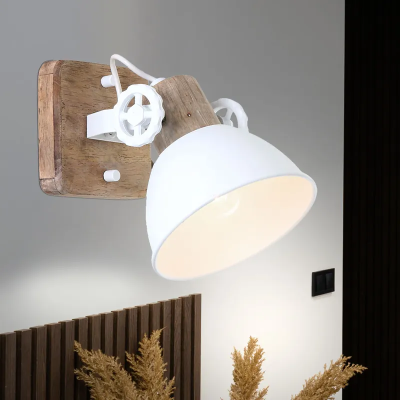 Bestel Nu Wandspot, eikenhout, wit metaal, H 17 cm,GEARWOOD