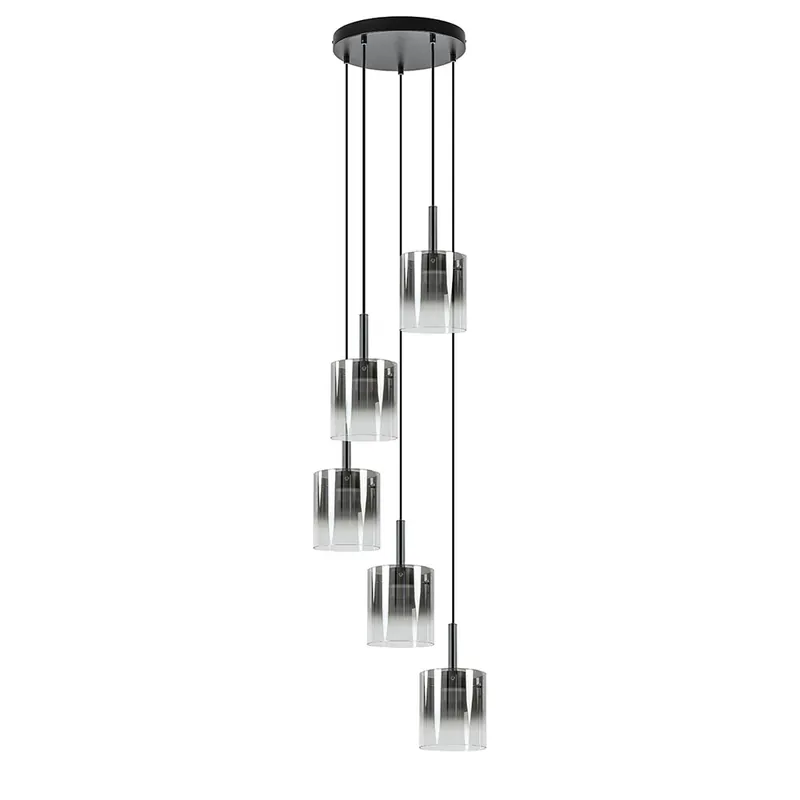 Korting 5-Lichts ronde hanglamp zwart met titanium/helder glas