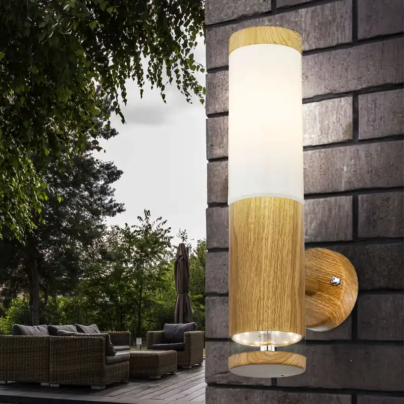 LED wandlamp, decoratieve lamp, roestvrij staal, houteffect, H 35 cm Op = Op