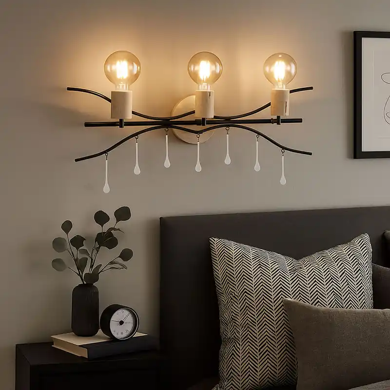 Wandlamp, metaal, glas, zwart, naturel, 3 vlammen, B 76cm Goedkoop