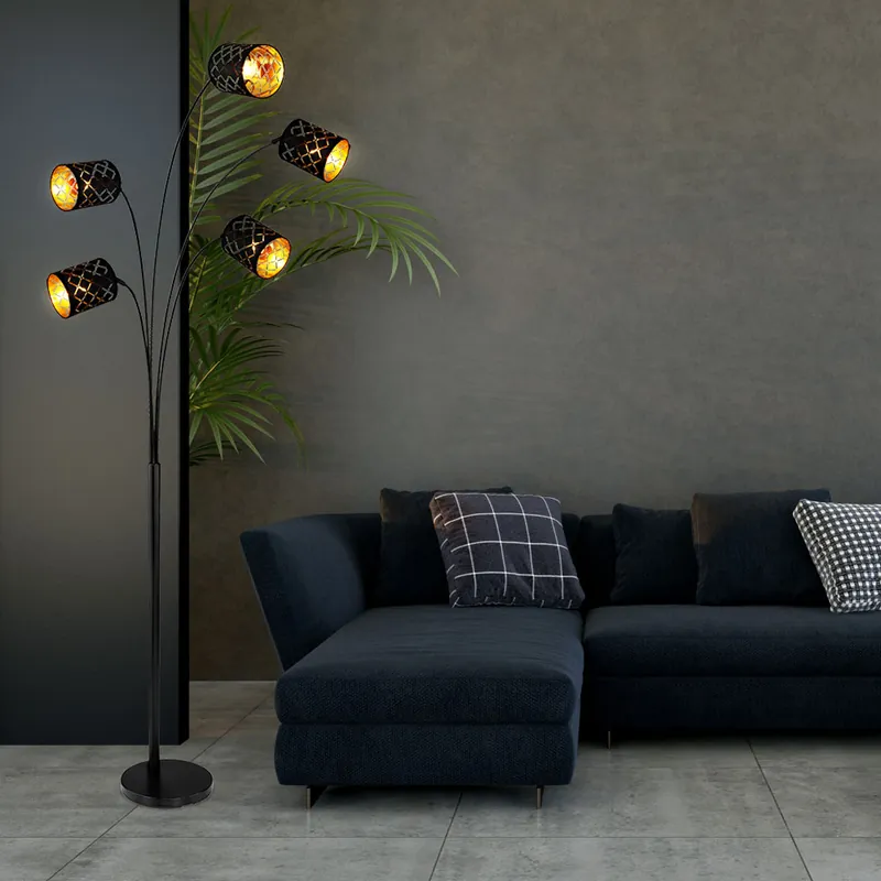 Staande lamp, decoratieve stempels, textiel, zwart goud, 5x E14 Superprijs