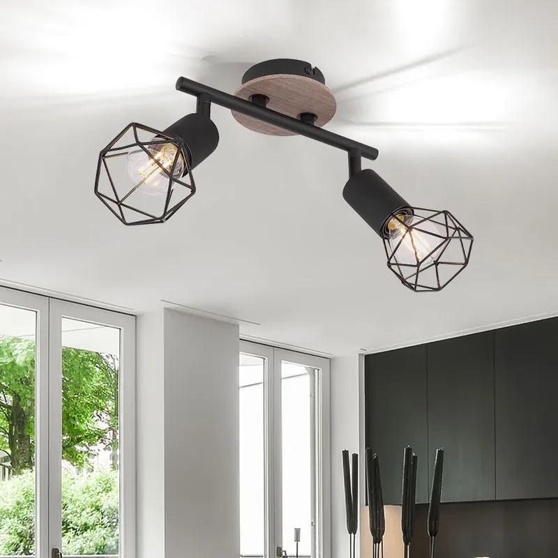 Lage Prijs Plafondlamp, 2-lichts, metaal hout, zwart, beweegbare spots