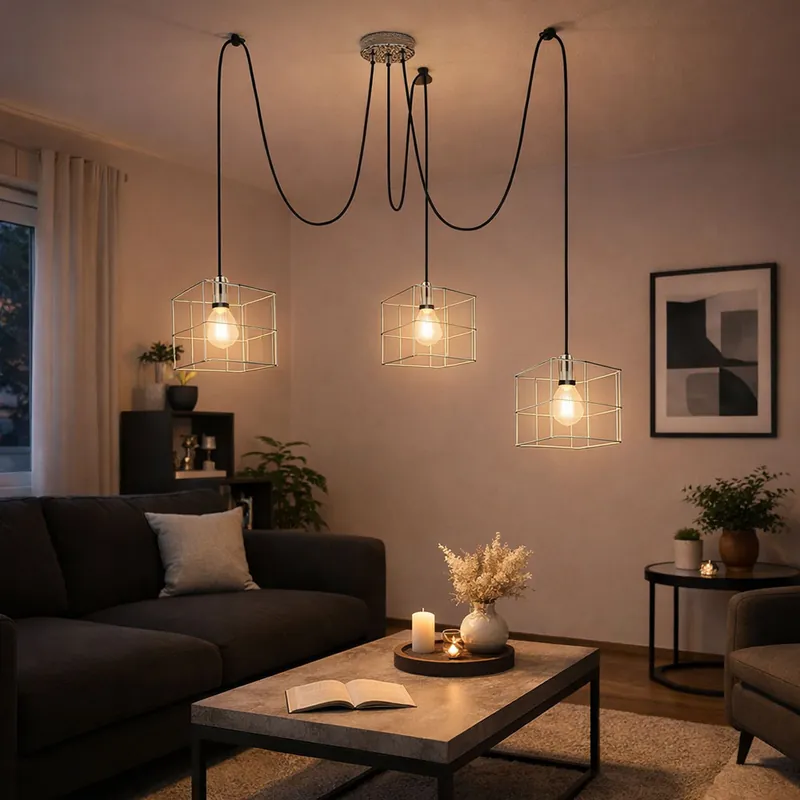 Snelle Levering Hanglamp, metaal, zinkkleurig, 3 vlammen, traliekappen