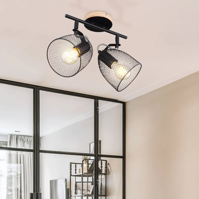 Bestel Nu Plafondlamp, metalen gaas, hout, verstelbaar, H 26 cm