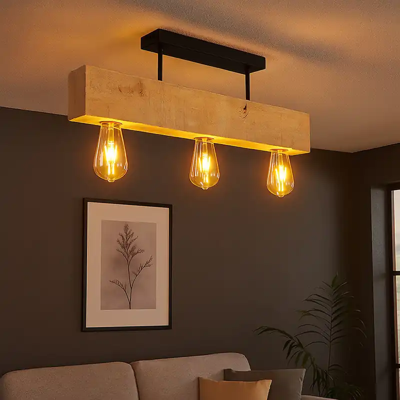 Houten lamp, 3 vlammen, metaal, hout, zwart, naturel, L 60cm Fabrieksprijs