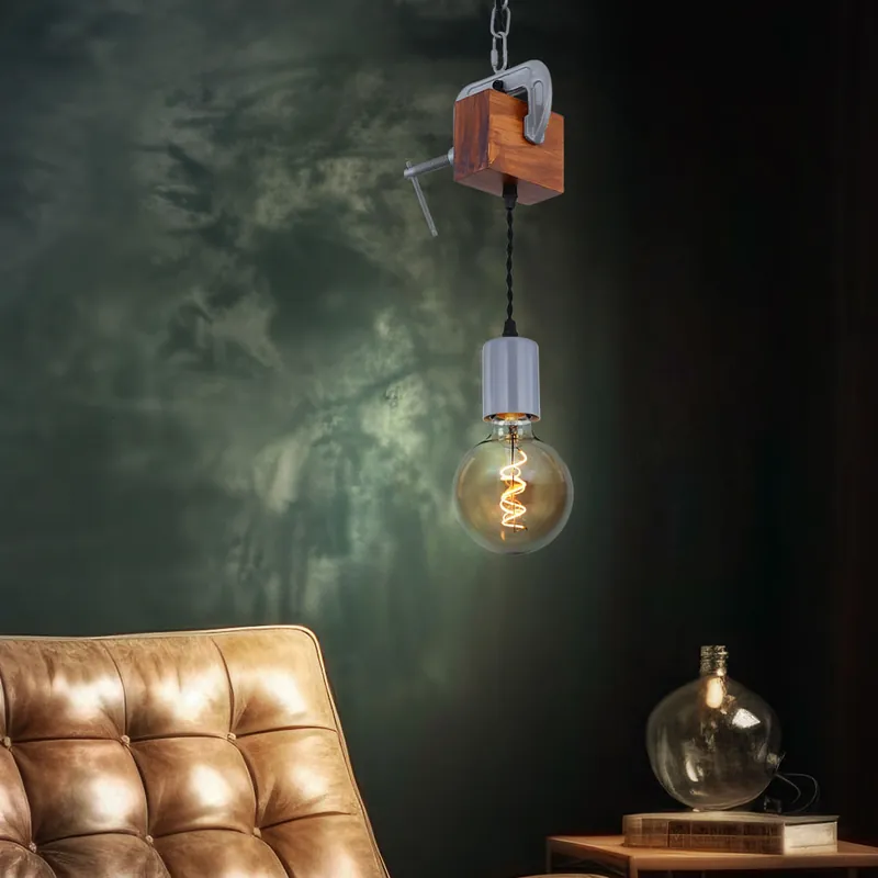Hanglamp, antiek hout, gegalvaniseerd metaal, schroefklem, H 120 cm Bestel Nu