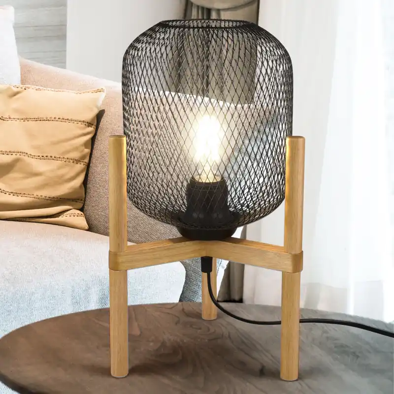 Snelle Levering Tafellamp, raster, hout, zwart, bruin, H 37 cm