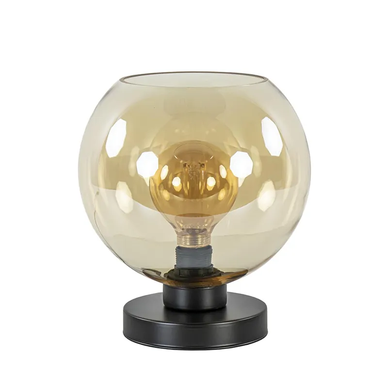 Strak klassieke tafellamp zwart met amber glas Uitverkoop