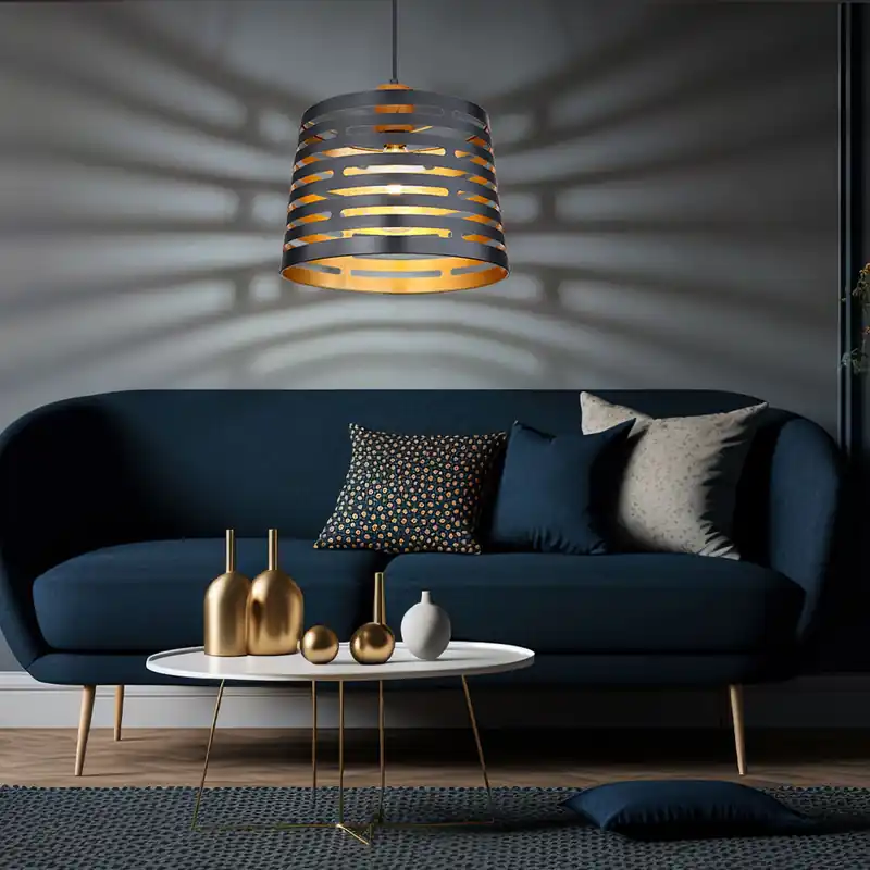Hanglamp, decoratieve ponsen, hout, goud zwart, D 35 cm Lage Prijs