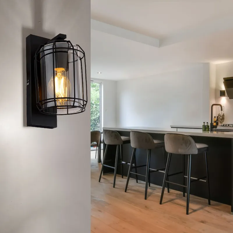 Tijdelijk Beschikbaar Wandlamp, kooiconstructie, rookglas, H 25 cm