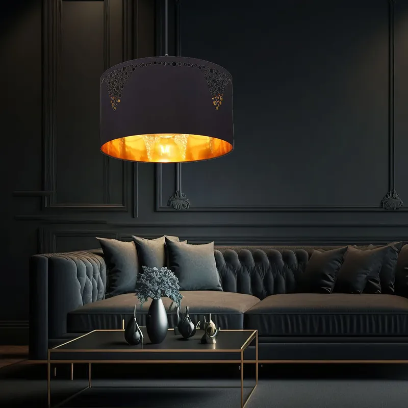 Gecertificeerd Hanglamp, decoratieve pons, mat zwart, goud, H 120 cm