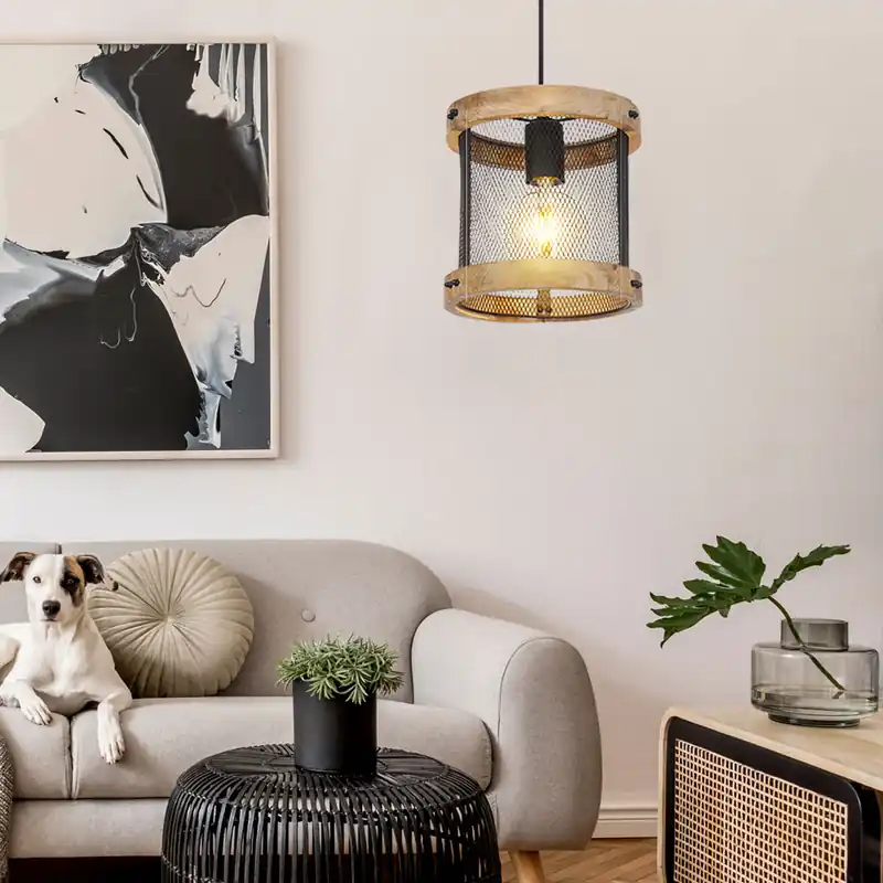Hanglamp, metalen gaas, hout, mat zwart, H 120 cm Bestseller