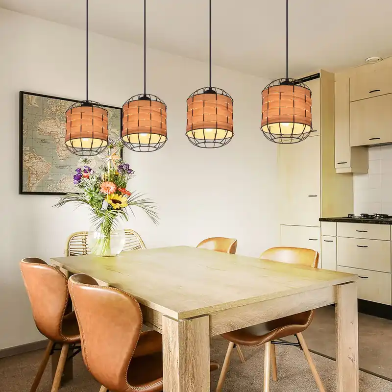 Hanglamp, 4 vlammen, houtlook, zwart metaal, L 100 cm Gratis Retour