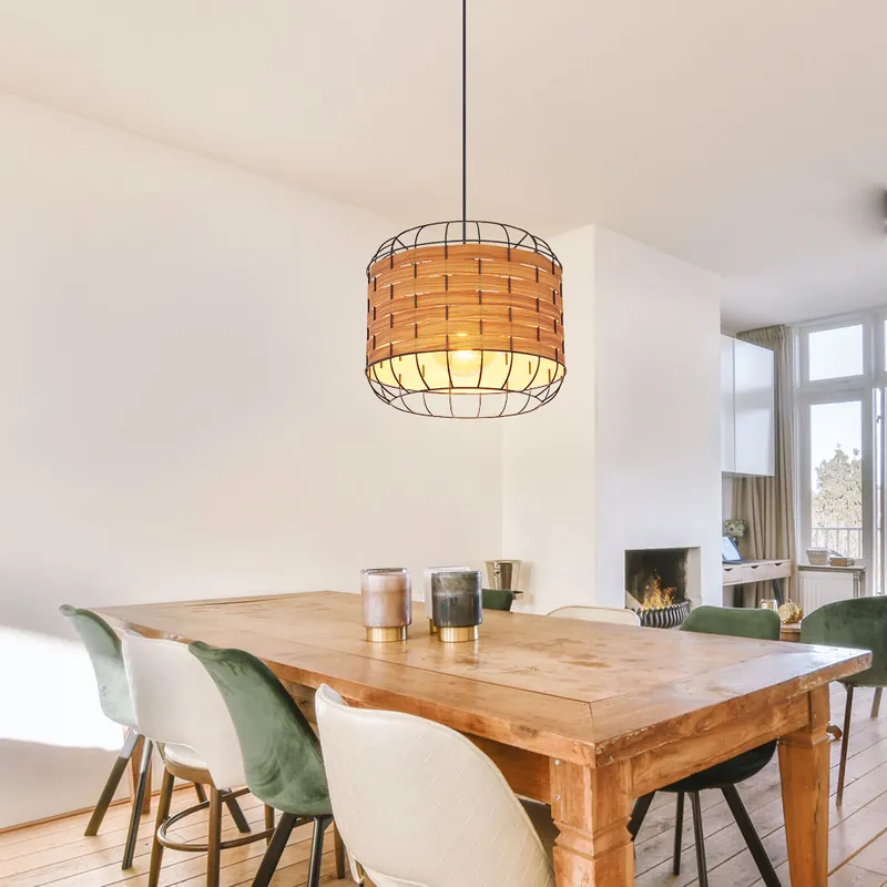 Nu Kopen Hanglamp, kooiconstructie, bruine houtlook, H 120cm