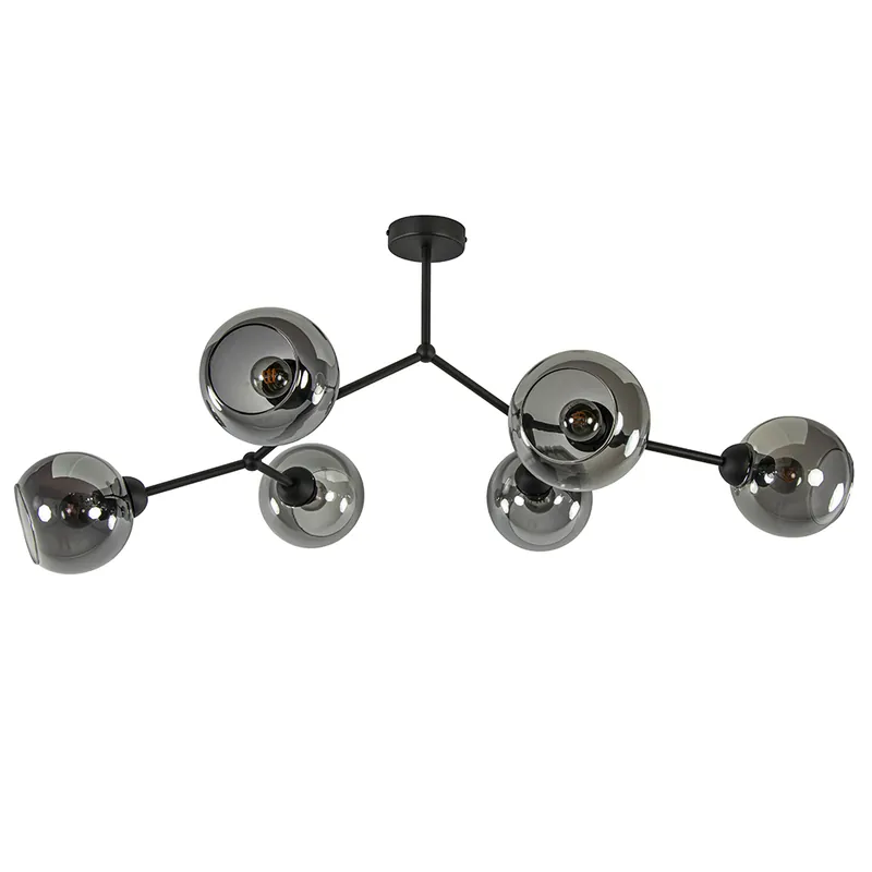 6-Lichts plafondlamp zwart met smoke glazen bollen Beste Prijs