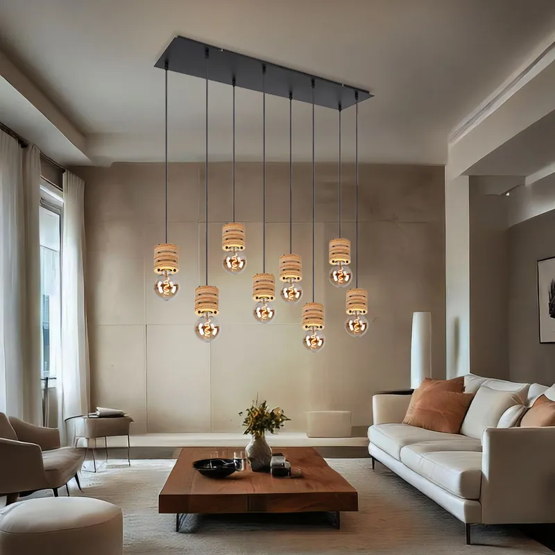 Speciale Aanbieding Hanglamp, 8-bol, bruin hout, zwart, L 98 cm