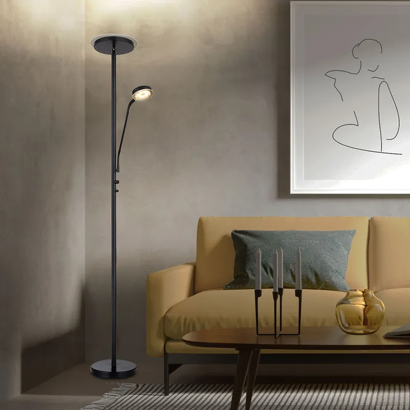 Gecertificeerd LED vloerlamp, zwart, dimmer, Flexo verstelbaar, H 180 cm
