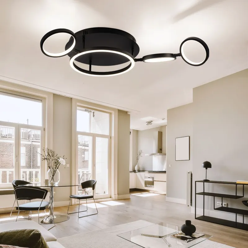 Aanbieding LED plafondlamp, draaibaar, 4 ringen, opaal, zwart, L 79 cm