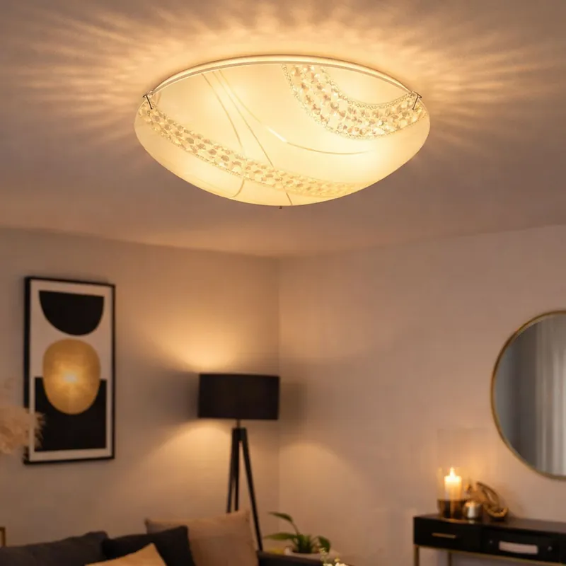 LED plafondlamp, heldere kristallen, gesatineerd glas, D 30 cm Beperkte Voorraad