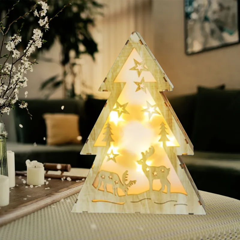 Snelle Levering LED tafellamp, decoratieve spar, hout, rendier, natuurlijk