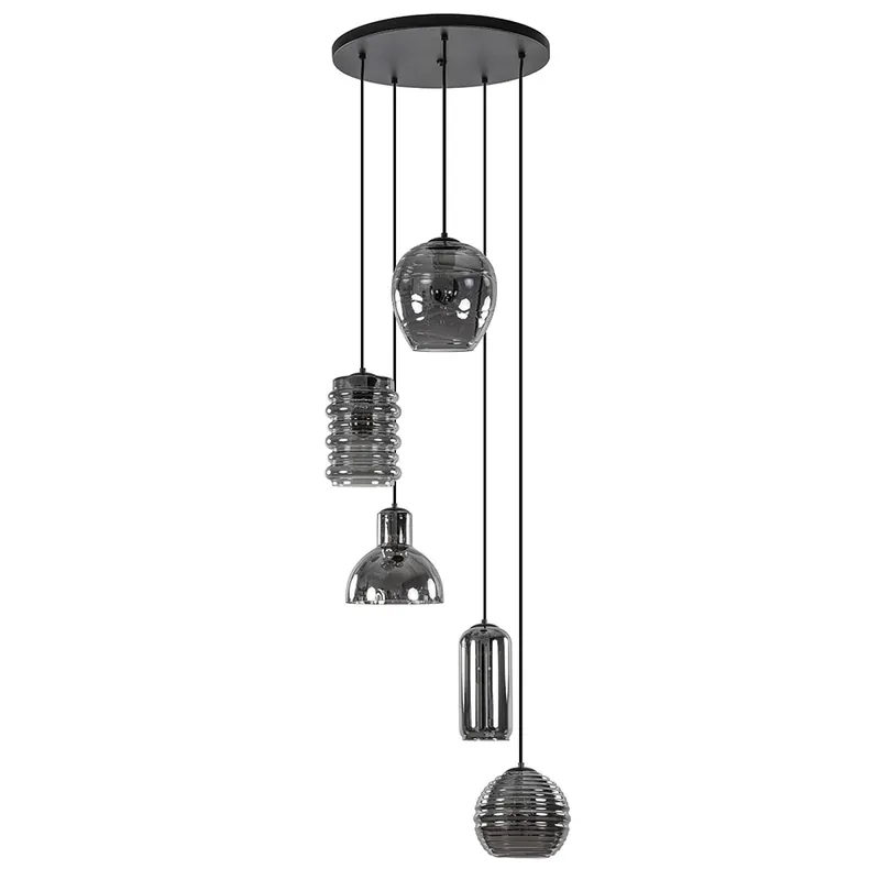Ronde 5-lichts hanglamp zwart met diverse smoke glazen Populair