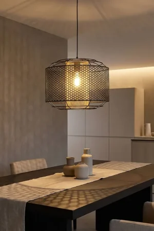 Actieprijs Hanglamp, metaal, goudkleurige cilinder, raster, H 150 cm