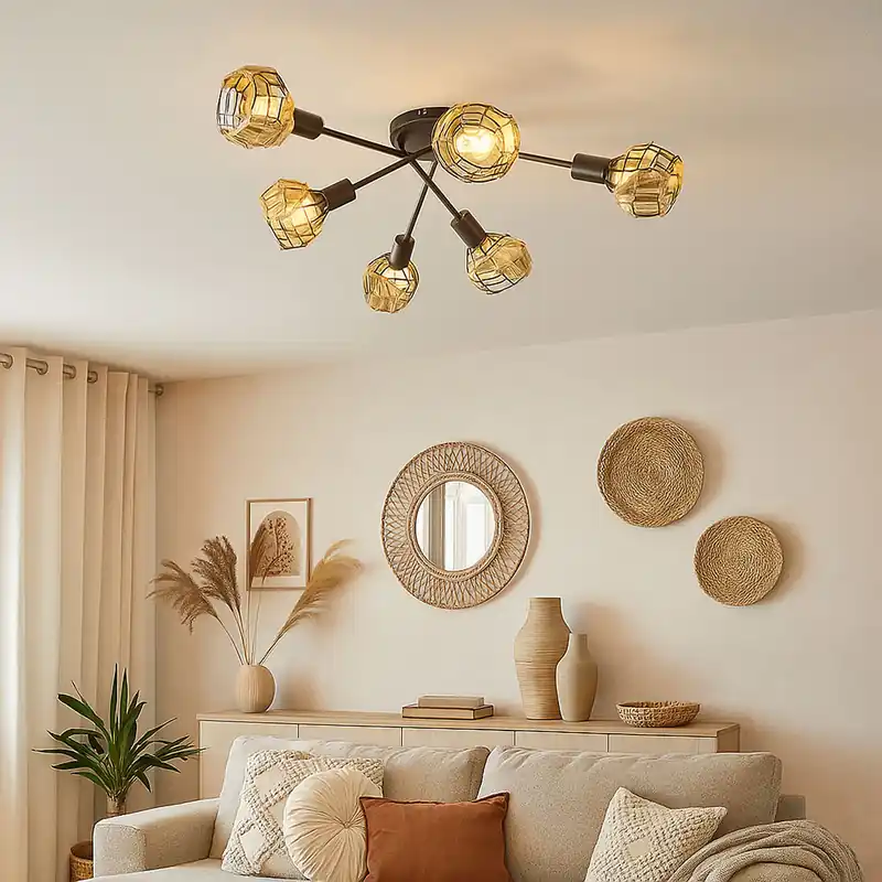Plafondlamp, zwart, bruin, gras weven, D 67 cm Laatste Kans